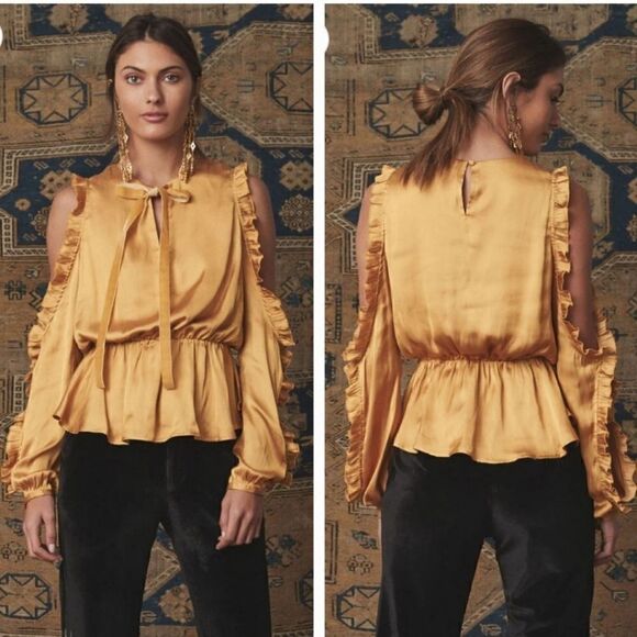 Tularosa Revolve Shilo Satin Open Sleeve Ruffle Blouse in Marigold Size XS - Picture 1 of 11